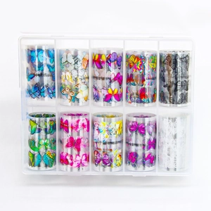 10-roll colorful butterfly nail foil transfer sticker set in a clear plastic storage box