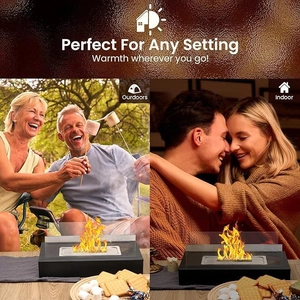 Detail of portable tabletop bio-ethanol fireplace showing indoor and outdoor roasting usage