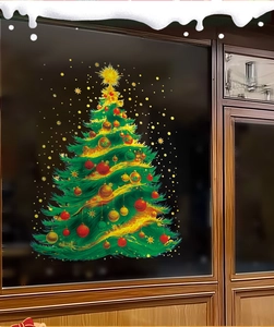 Detail of colorful hand-painted Christmas tree window sticker with stars on glass