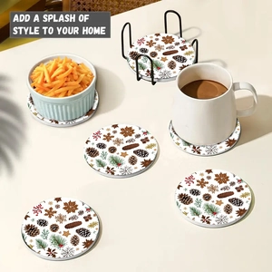Christmas felt coasters with pine cone design and black metal holder for holiday table decor