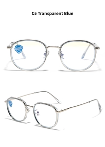 Detail view of round blue TR90 frame with blue light blocking and UV400 lens features