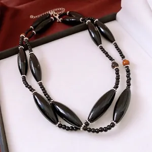 Tiger eye and glass beaded double-layer necklace with ethnic minimalist design for women