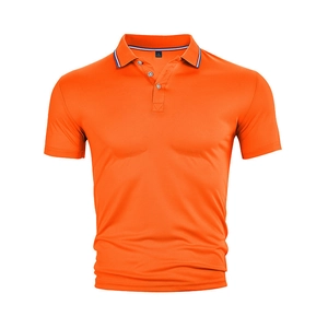 Detail of orange polo shirt collar with white and blue stripe contrast and buttons