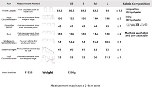Size chart showing XS to L dimensions for the suede polyester trench coat with belt