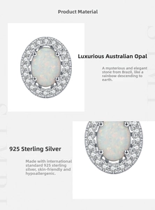 Detail of S925 sterling silver stud earring with oval iridescent synthetic opal stone