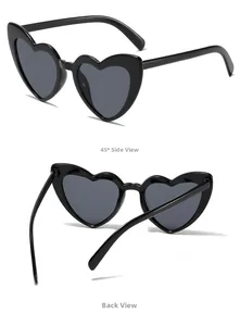 Side and back view of trendy heart-shaped sunglasses with black frames and dark lenses