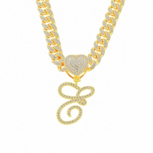 Hip Hop Alloy Rhinestone Script Initial Letter Pendant Necklace For Men Shiny Iced Out Heart Cuban Link Chain Jewelry