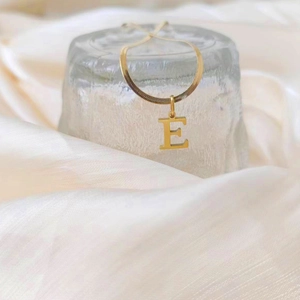 Close-up of gold titanium steel flat snake chain necklace with capital E pendant