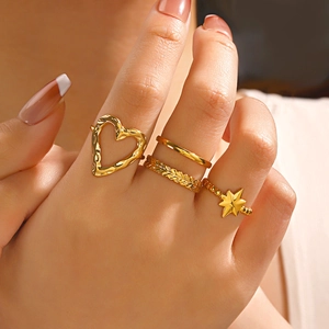 Heart Star Open Rings Adjustable Stainless Steel Gold Plated Minimalist Hip Hop Fashion Jewelry For Women