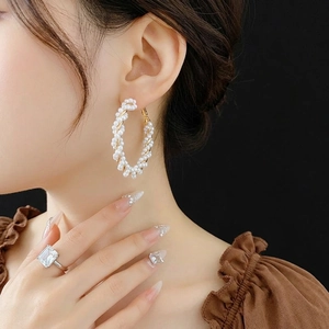 French vintage gold hoop earrings featuring elegant white pearls and silver needles design