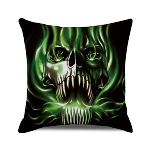 Detailed view of black Halloween cushion cover featuring a glowing green skull graphic