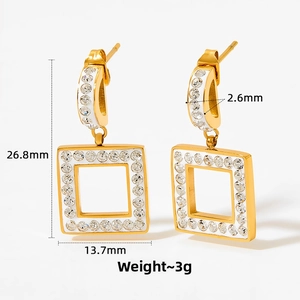 Close-up of gold stainless steel square drop earrings with micro-inlaid rhinestones