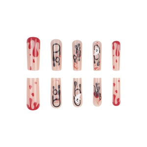 Halloween press-on nails featuring red blood drips and white ghost designs on pink base