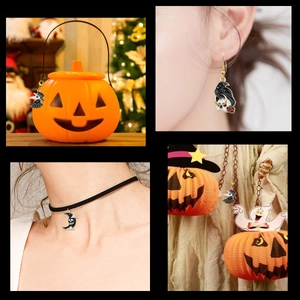 Detailed views of Halloween skull and raven alloy charms on necklaces and earrings