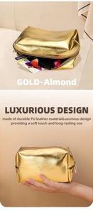 Macro detail of almond gold PU leather makeup bag with pleated design and zipper closure
