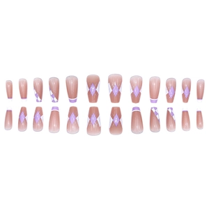 Coffret d'ongles à presser à carreaux mauves en forme ballerine avec pointes French et paillettes