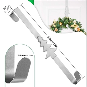 Detailed size diagram for silver 15-inch metal wreath door hanger with holiday motifs