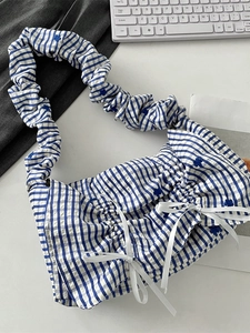 Korean style blue white striped pleat handbag with floral embroidery and bows