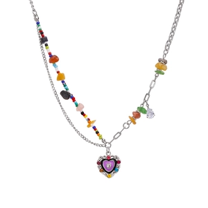 Colorful rhinestone heart necklace with asymmetric natural stone and bead chain