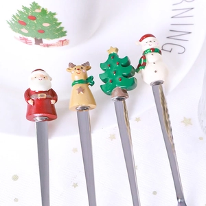 Christmas 304 stainless steel coffee spoon set with Santa and reindeer resin toppers