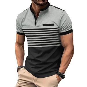Men's slim fit polo shirt with grey and black striped geometric pattern on white background