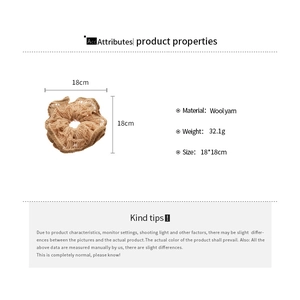 Detail specifications for double-layer wool yarn flower hair tie in beige knit