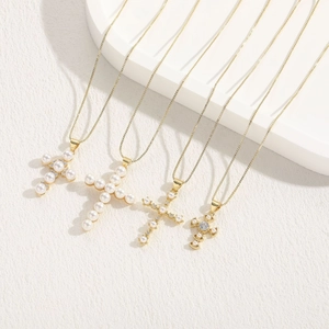 Elegant gold finish cross necklaces with pearls and zircon crystals for women