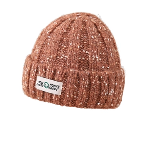 Chunky knit beanie for girls with colorful speckled yarn and smiley face patch