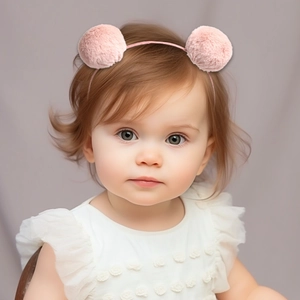 Pink plush faux fur pompom headbands for toddlers, soft hair accessories for infants