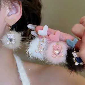 Cute teddy bear earrings with heart gemstone and fluffy fur pompons in four colors