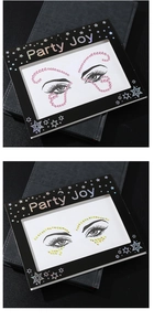 Macro detail of pink and yellow rhinestone eye gems in holographic Party Joy packaging