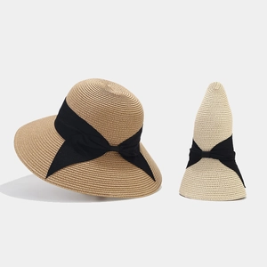 Women Straw Sun Hat Wide Brim Foldable Summer Beach Elegant Bow Ribbon Black Band Protection