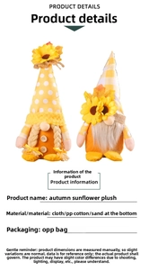 Detail view of sunflower gnome plush toys with fine fabric texture and stable sand base