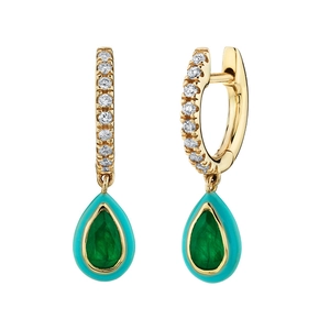 Elegant gold hoop earrings with green pear-cut gemstones and turquoise enamel finish