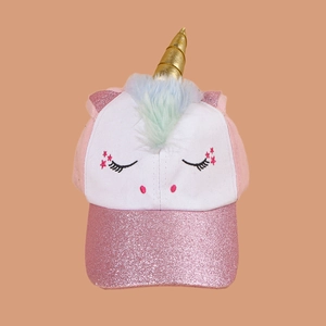 Kids Unicorn Baseball Cap With 3D Gold Horn Rainbow Faux Fur Mane Glitter Brim Embroidered Sun Protection Hat For Girls