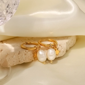 18k gold plated hoop earrings featuring natural freshwater pearls and star cross charms