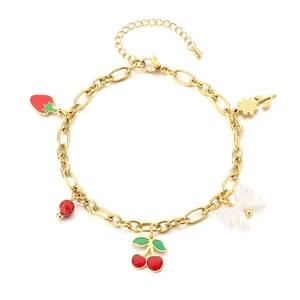 Gold chain anklet with 3D red cherry, strawberry, and sunflower pendants on white background