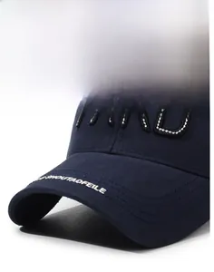 Detailed close-up of dark blue cotton baseball cap with white letter embroidery