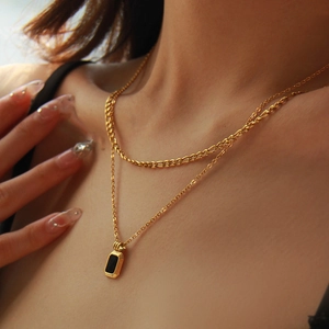Vintage double layer gold necklace with black square pendant on polished titanium steel