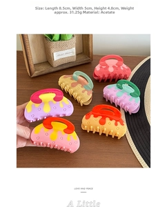 Acetate hair claw clip with melting drop design, measuring 8.5x5x4.8cm and 31.25g weight