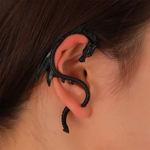 Gothic black dragon ear cuff wrap with detailed scales for a retro punk aesthetic