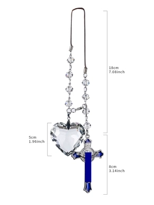 Car rearview mirror charm with crystal heart and enamel cross featuring detailed dimensions