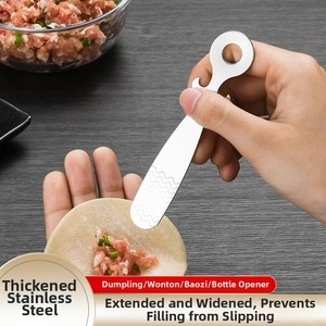 Detail showing multifunctional stainless steel spoon tool for filling and opening bottles