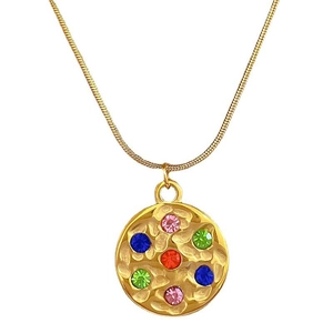 Minimalist gold snake chain necklace featuring a round pendant with colorful zircons