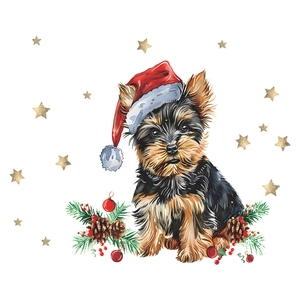 Christmas Yorkshire Terrier wall sticker with red hat and golden stars festive decor