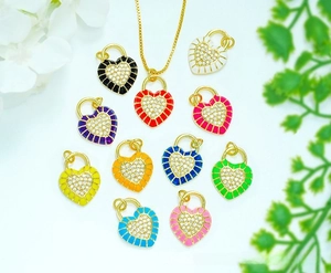 Close-up of heart charms in multiple colors with 18K gold plating and pavé zircon stones