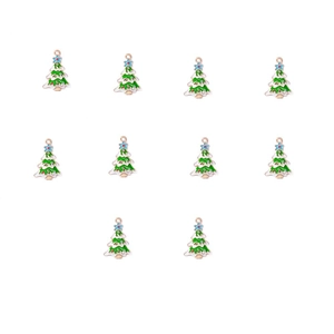 Set of 10 gold Christmas tree charms with green and red enamel detail for DIY jewelry