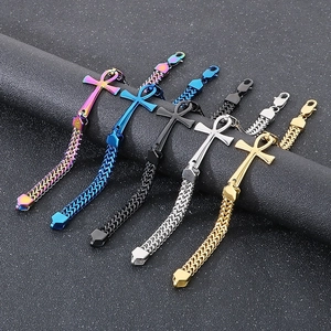 Five-color punk hip hop braided double chain bracelet with Egyptian Ankh cross pendant