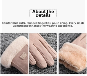 Detail view of pink camel thermal gloves with thick plush lining and windproof cuffs