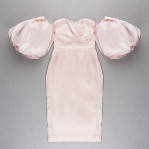Detail view of pink off-the-shoulder dress with puff sleeves and silk satin texture